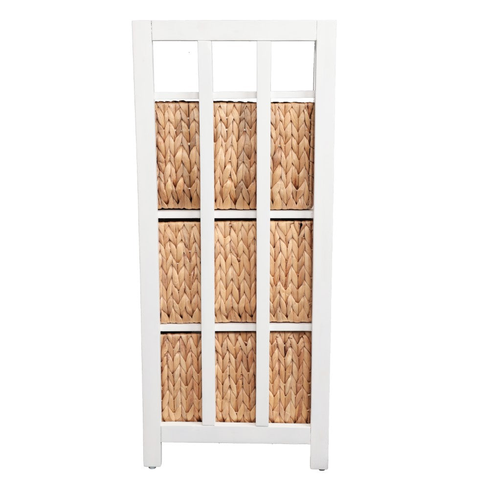 Lumora 34 in. H Handcrafted Acacia Wood 3-Tier Corner Storage Cabinet with 3 Water Hyacinth Baskets