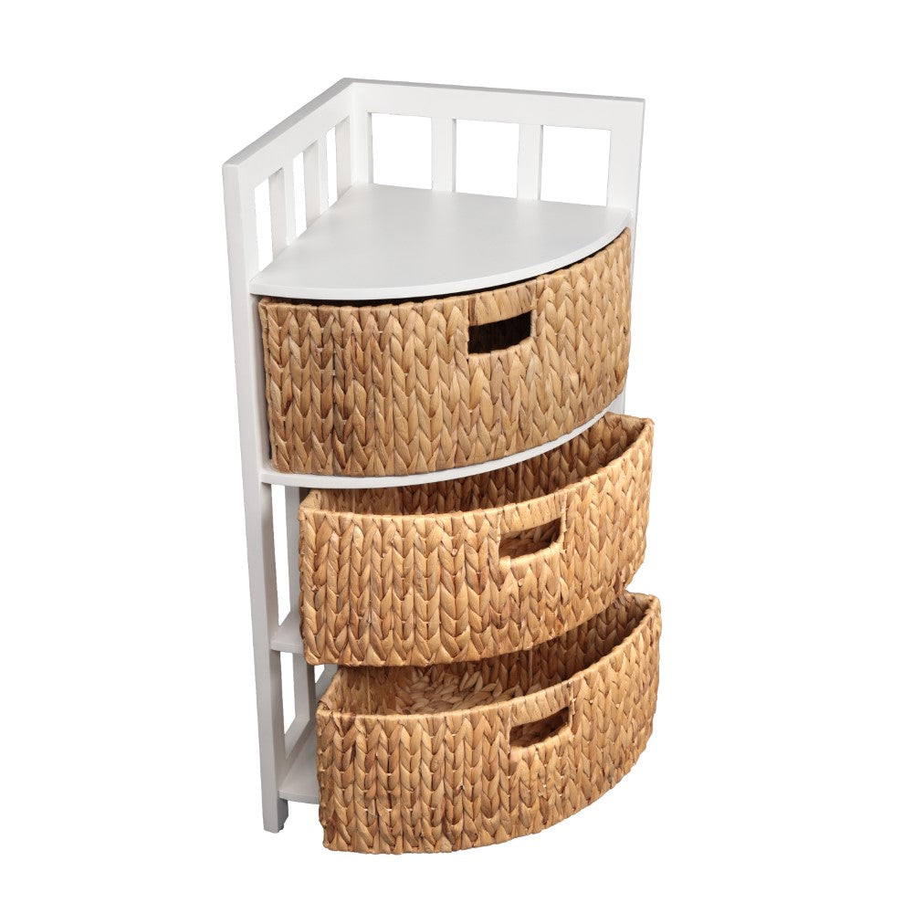 Lumora 34 in. H Handcrafted Acacia Wood 3-Tier Corner Storage Cabinet with 3 Water Hyacinth Baskets