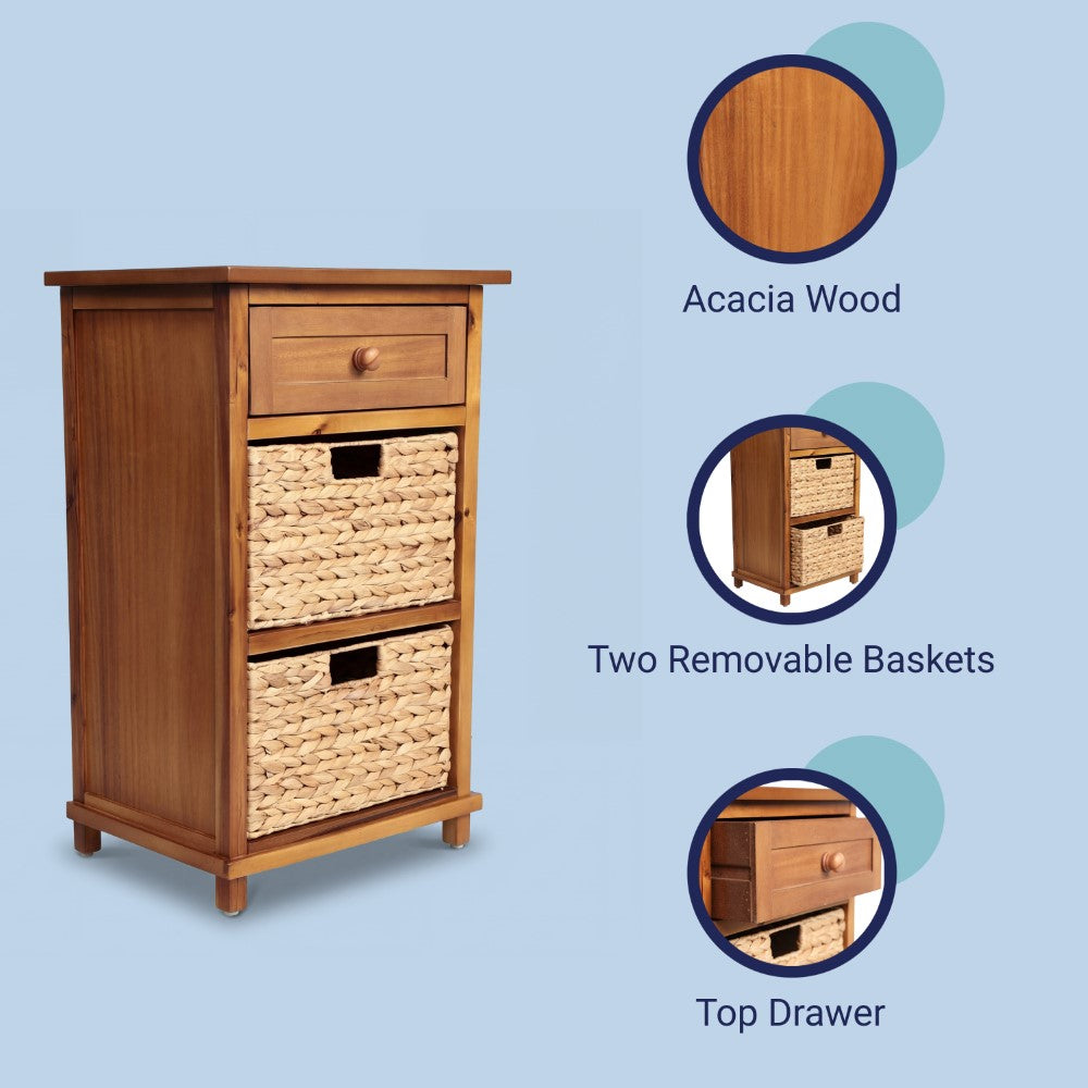 Malibu 26 in. H Rustic Handcrafted Acacia Wood Accent Storage Nightstand with Drawer and 2 Water Hyacinth Woven Baskets