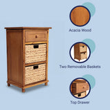 Malibu 26 in. H Rustic Handcrafted Acacia Wood Accent Storage Nightstand with Drawer and 2 Water Hyacinth Woven Baskets