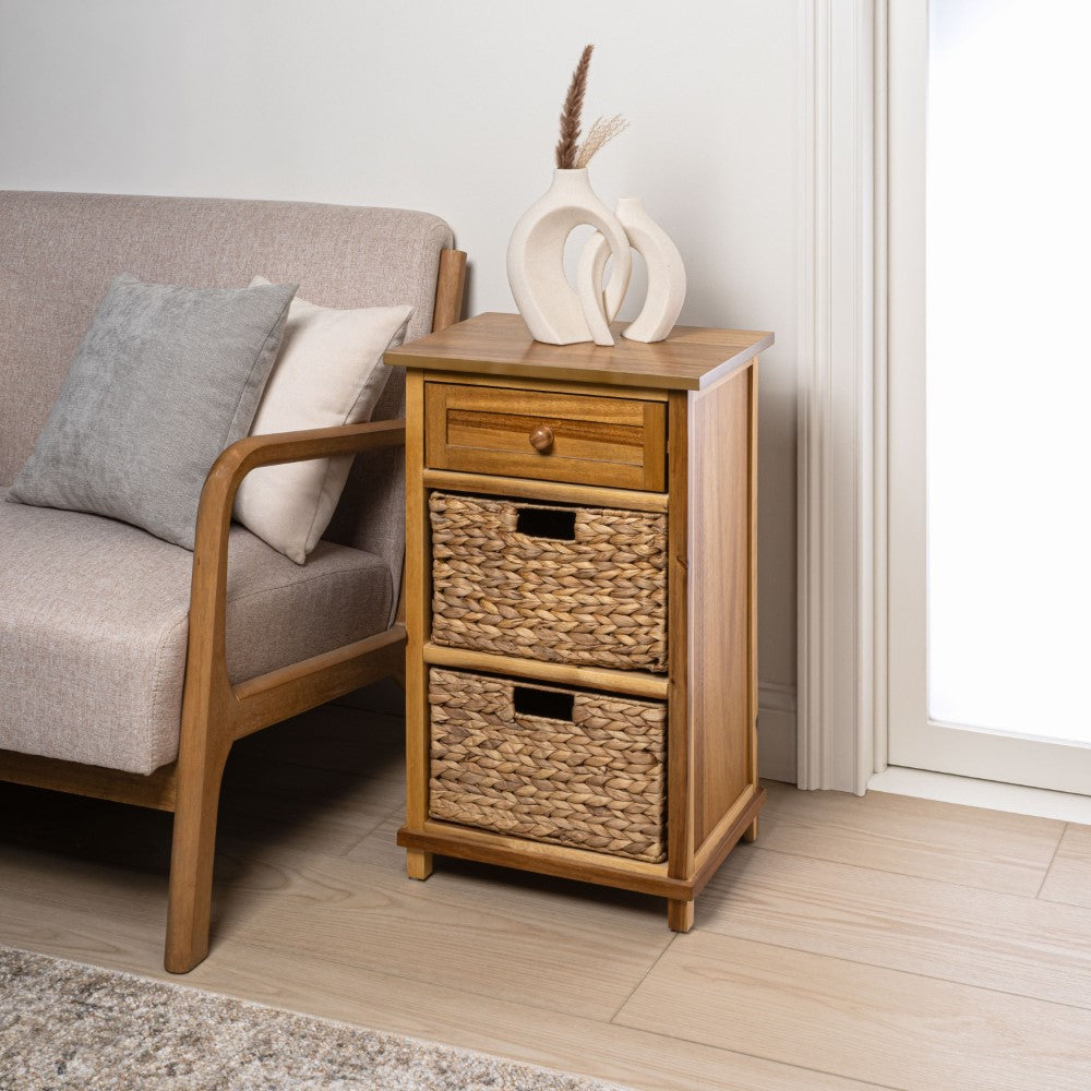 Malibu 26 in. H Rustic Handcrafted Acacia Wood Accent Storage Nightstand with Drawer and 2 Water Hyacinth Woven Baskets