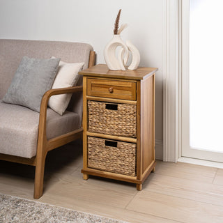 Malibu 26 in. H Rustic Handcrafted Acacia Wood Accent Storage Nightstand with Drawer and 2 Water Hyacinth Woven Baskets