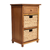 Malibu 26 in. H Rustic Handcrafted Acacia Wood Accent Storage Nightstand with Drawer and 2 Water Hyacinth Woven Baskets