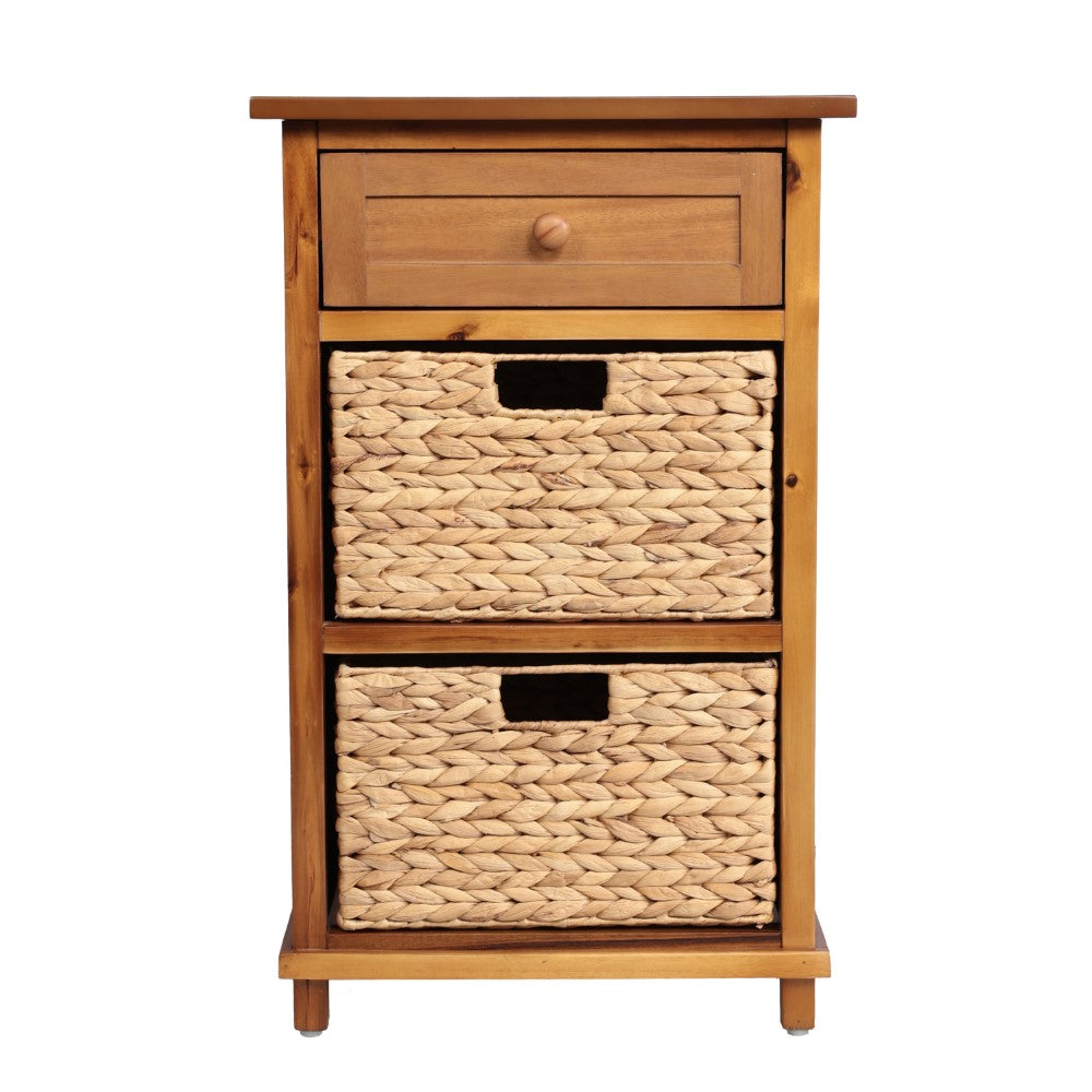 Malibu 26 in. H Rustic Handcrafted Acacia Wood Accent Storage Nightstand with Drawer and 2 Water Hyacinth Woven Baskets