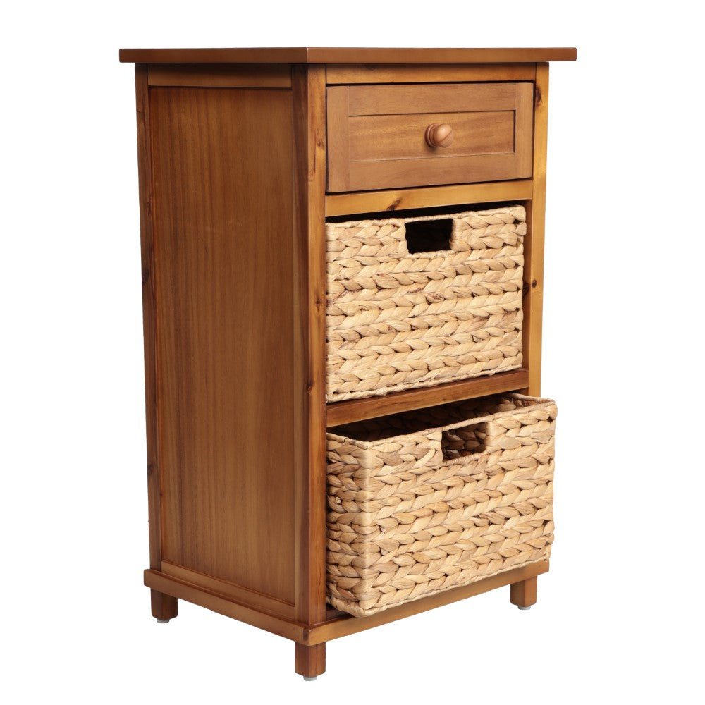 Malibu 26 in. H Rustic Handcrafted Acacia Wood Accent Storage Nightstand with Drawer and 2 Water Hyacinth Woven Baskets