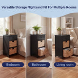 Malibu 26 in. H Rustic Handcrafted Acacia Wood Accent Storage Nightstand with Drawer and 2 Water Hyacinth Woven Baskets
