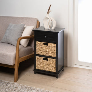 Malibu 26 in. H Rustic Handcrafted Acacia Wood Accent Storage Nightstand with Drawer and 2 Water Hyacinth Woven Baskets