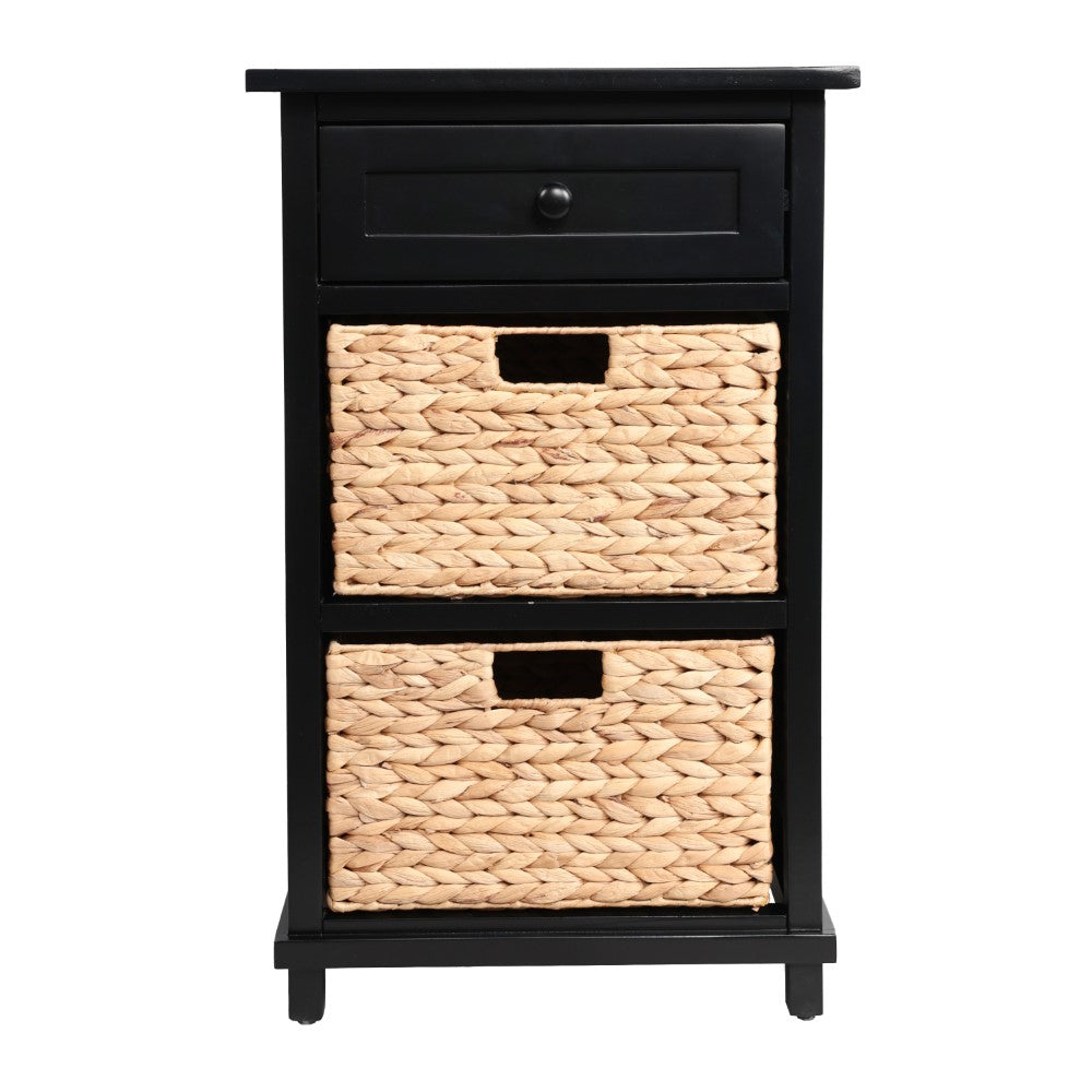 Malibu 26 in. H Rustic Handcrafted Acacia Wood Accent Storage Nightstand with Drawer and 2 Water Hyacinth Woven Baskets