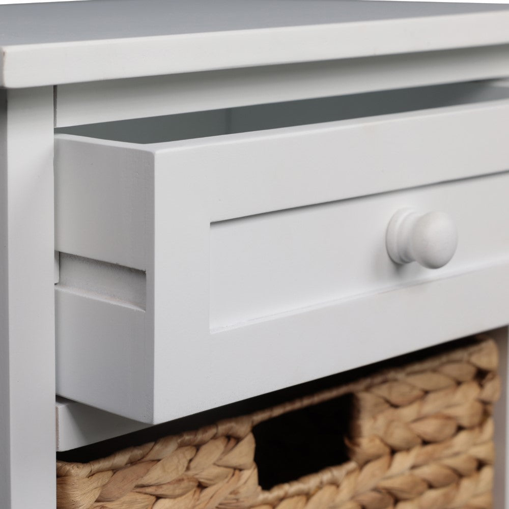 Malibu 26 in. H Rustic Handcrafted Acacia Wood Accent Storage Nightstand with Drawer and 2 Water Hyacinth Woven Baskets