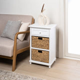 Malibu 26 in. H Rustic Handcrafted Acacia Wood Accent Storage Nightstand with Drawer and 2 Water Hyacinth Woven Baskets