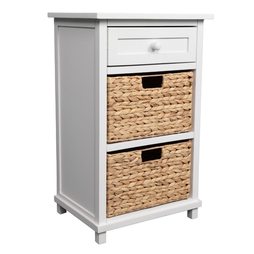 Malibu 26 in. H Rustic Handcrafted Acacia Wood Accent Storage Nightstand with Drawer and 2 Water Hyacinth Woven Baskets