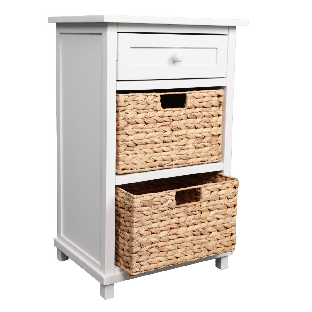 Malibu 26 in. H Rustic Handcrafted Acacia Wood Accent Storage Nightstand with Drawer and 2 Water Hyacinth Woven Baskets