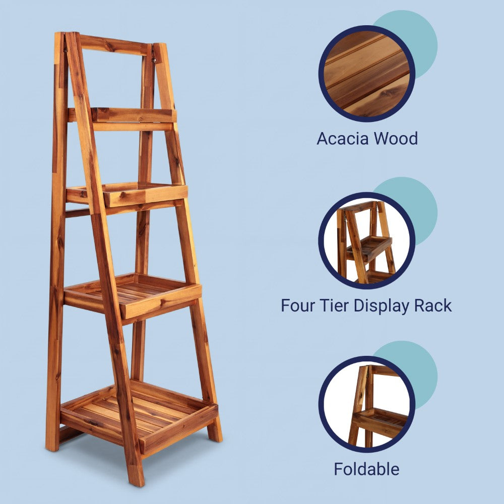 Velric 48 in. H Minimalist Handcrafted Acacia Wood 4-Tier Indoor/Outdoor Folding Display Ladder Storage Rack and Plant Stand