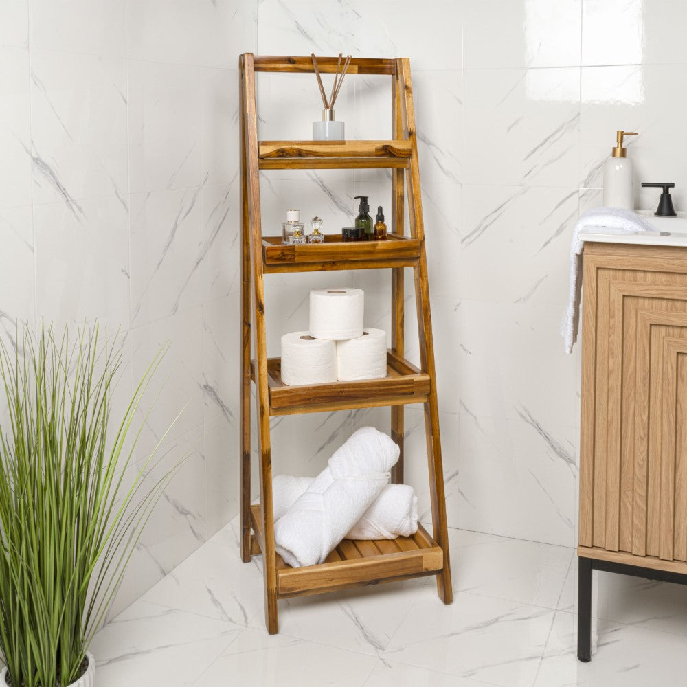 Velric 48 in. H Minimalist Handcrafted Acacia Wood 4-Tier Indoor/Outdoor Folding Display Ladder Storage Rack and Plant Stand