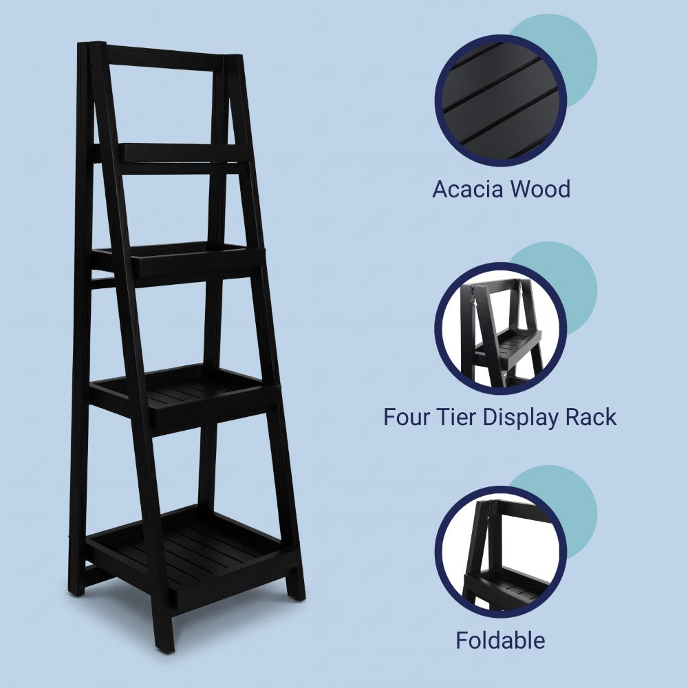 Velric 48 in. H Minimalist Handcrafted Acacia Wood 4-Tier Indoor/Outdoor Folding Display Ladder Storage Rack and Plant Stand