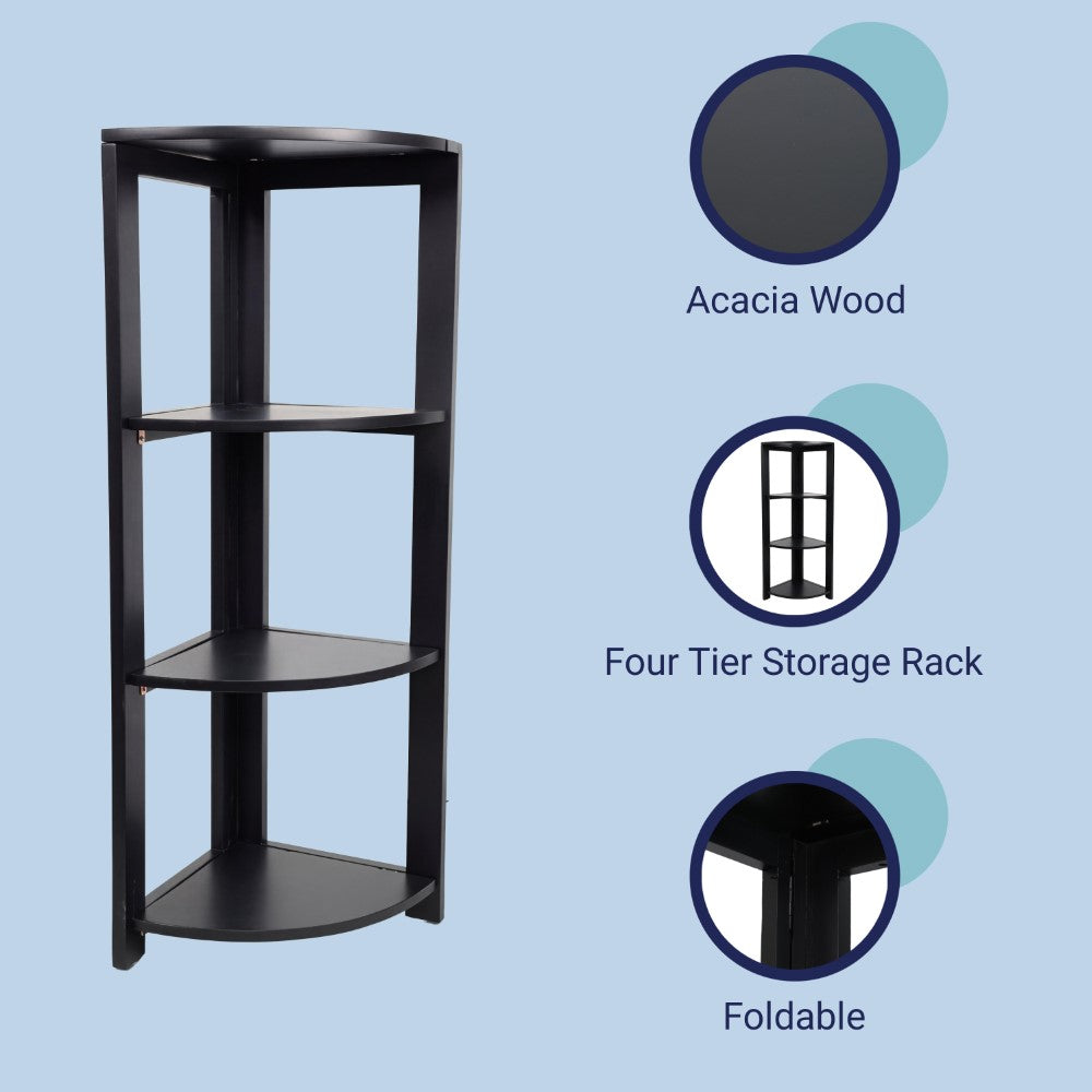 Liora 41 in. H Rustic Handcrafted Acacia Wood 4-Tier Indoor/Outdoor Folding Corner Storage Rack