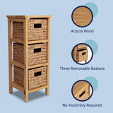 Noren 27.5 in. H Coastal Handcrafted Pine Wood 3-Tier Storage Cabinet with 3 Water Hyacinth Woven Baskets
