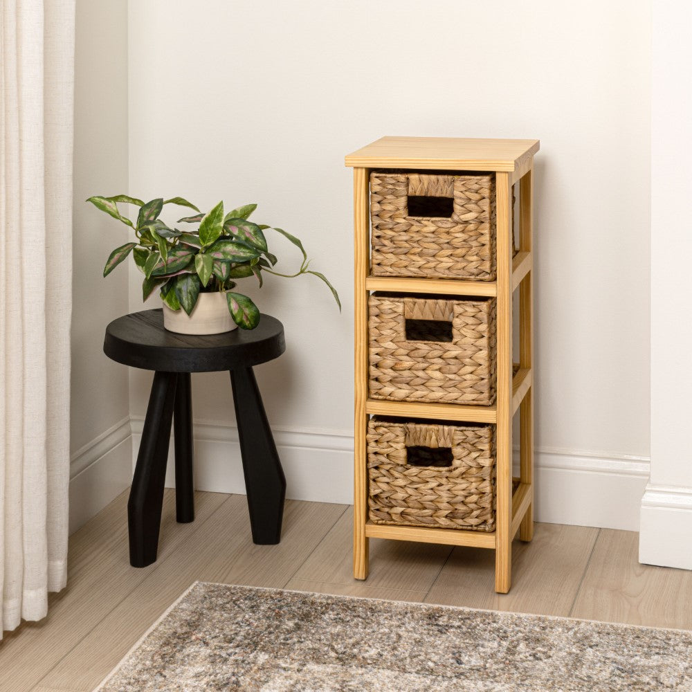 Noren 27.5 in. H Coastal Handcrafted Pine Wood 3-Tier Storage Cabinet with 3 Water Hyacinth Woven Baskets