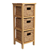 Noren 27.5 in. H Coastal Handcrafted Pine Wood 3-Tier Storage Cabinet with 3 Water Hyacinth Woven Baskets
