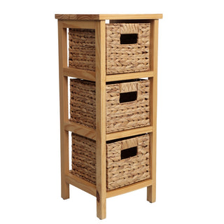 Noren 27.5 in. H Coastal Handcrafted Pine Wood 3-Tier Storage Cabinet with 3 Water Hyacinth Woven Baskets