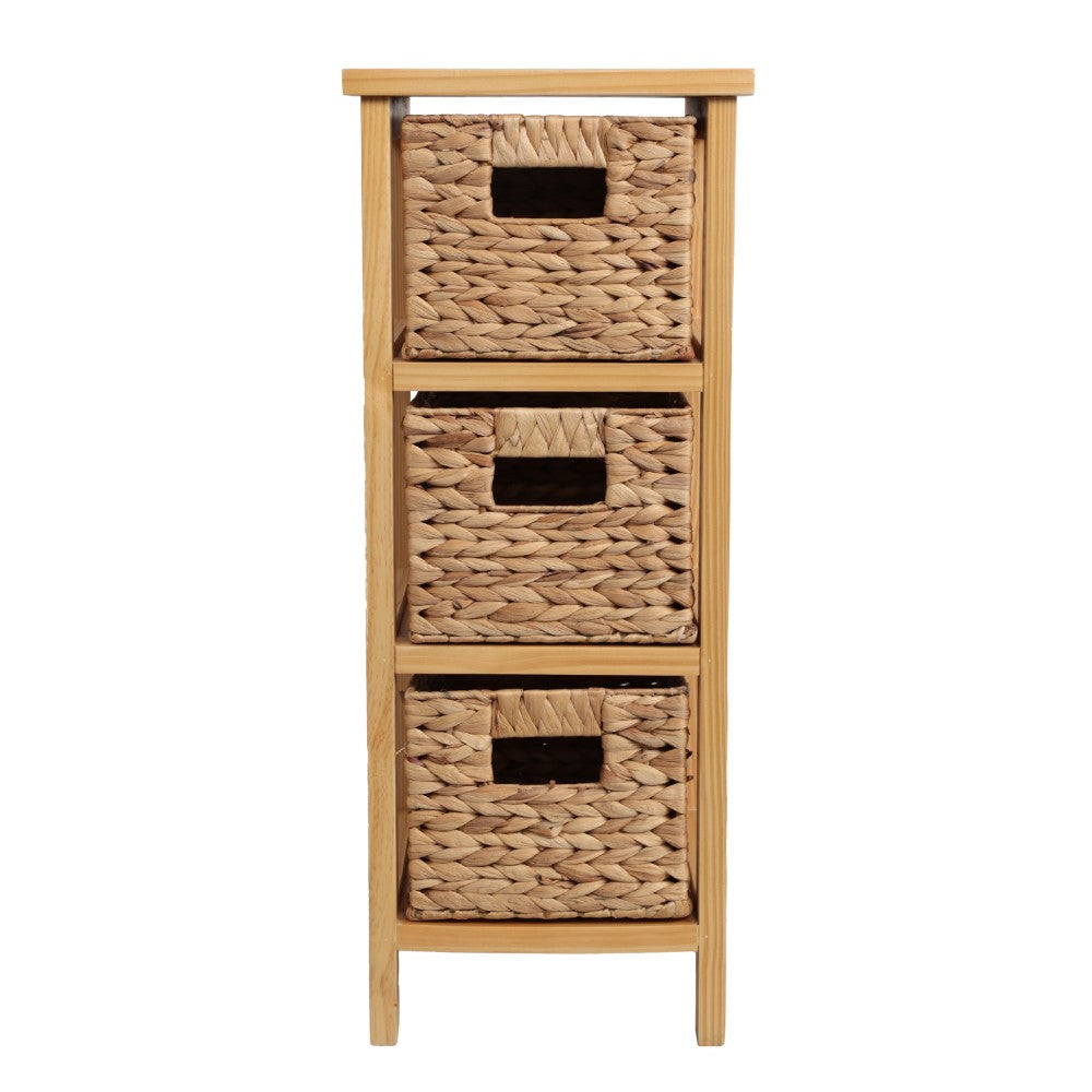 Noren 27.5 in. H Coastal Handcrafted Pine Wood 3-Tier Storage Cabinet with 3 Water Hyacinth Woven Baskets