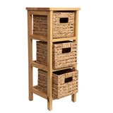 Noren 27.5 in. H Coastal Handcrafted Pine Wood 3-Tier Storage Cabinet with 3 Water Hyacinth Woven Baskets