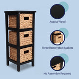 Noren 27.5 in. H Coastal Handcrafted Pine Wood 3-Tier Storage Cabinet with 3 Water Hyacinth Woven Baskets