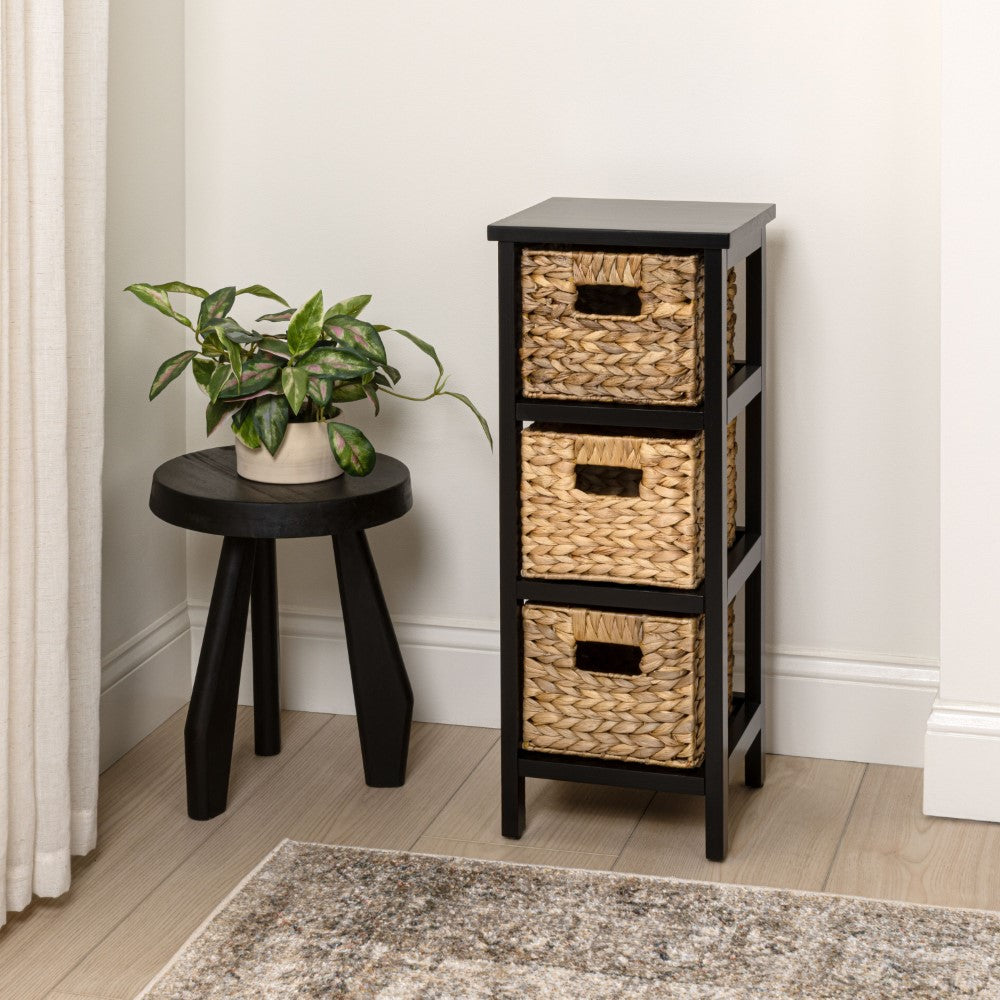 Noren 27.5 in. H Coastal Handcrafted Pine Wood 3-Tier Storage Cabinet with 3 Water Hyacinth Woven Baskets