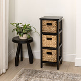 Noren 27.5 in. H Coastal Handcrafted Pine Wood 3-Tier Storage Cabinet with 3 Water Hyacinth Woven Baskets