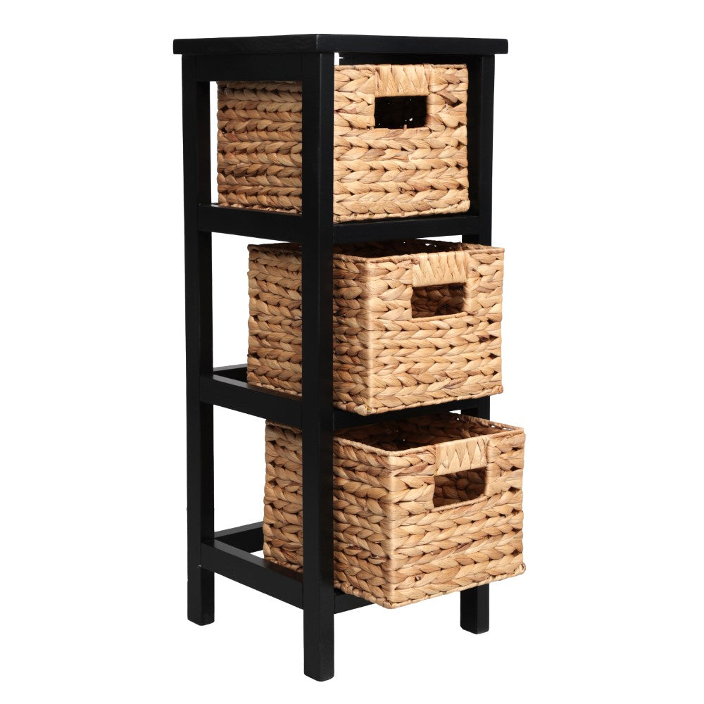 Noren 27.5 in. H Coastal Handcrafted Pine Wood 3-Tier Storage Cabinet with 3 Water Hyacinth Woven Baskets