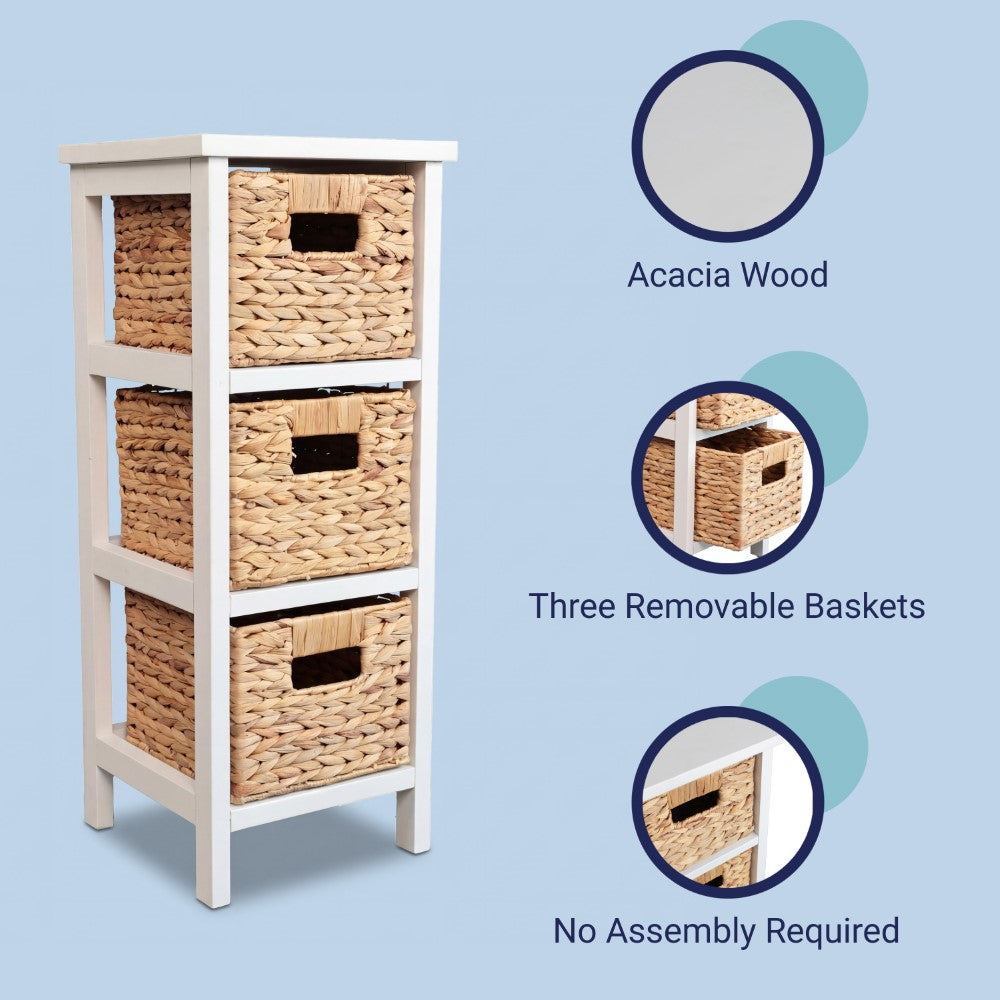 Noren 27.5 in. H Coastal Handcrafted Pine Wood 3-Tier Storage Cabinet with 3 Water Hyacinth Woven Baskets