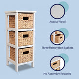 Noren 27.5 in. H Coastal Handcrafted Pine Wood 3-Tier Storage Cabinet with 3 Water Hyacinth Woven Baskets