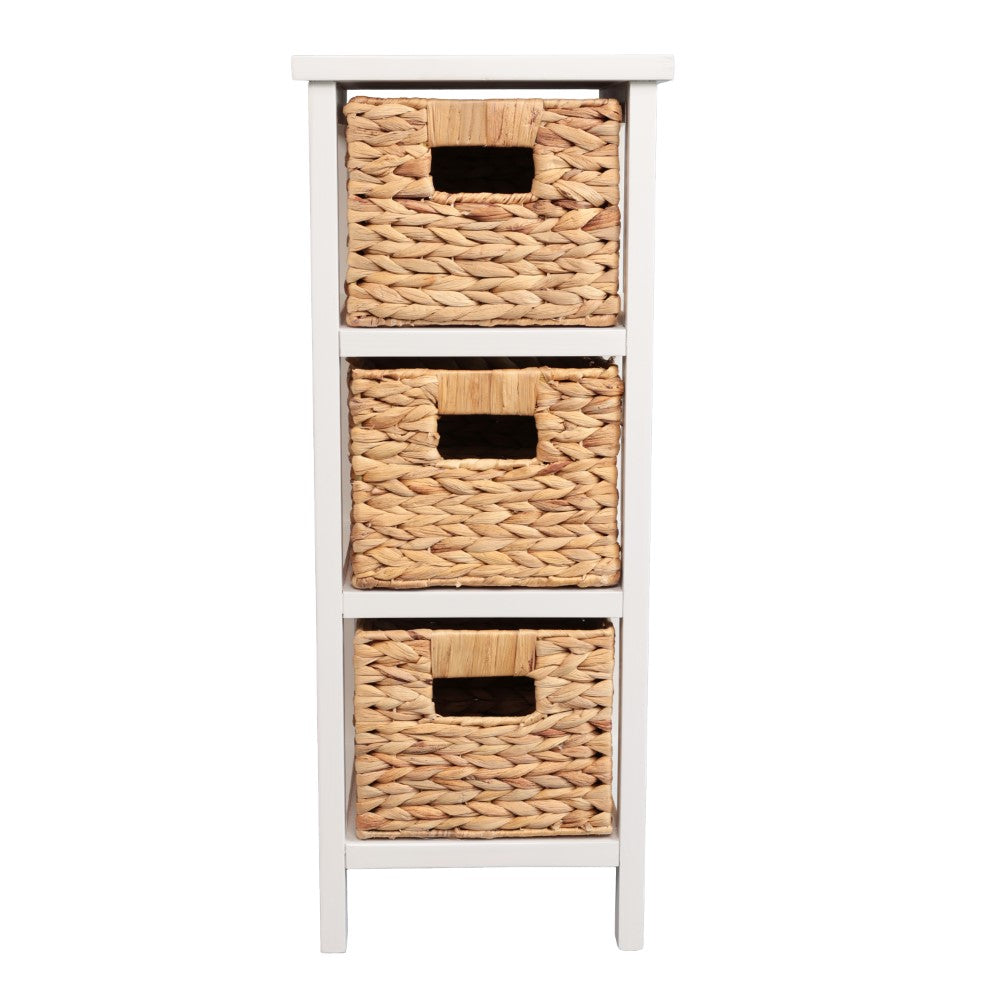 Noren 27.5 in. H Coastal Handcrafted Pine Wood 3-Tier Storage Cabinet with 3 Water Hyacinth Woven Baskets