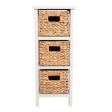 Noren 27.5 in. H Coastal Handcrafted Pine Wood 3-Tier Storage Cabinet with 3 Water Hyacinth Woven Baskets