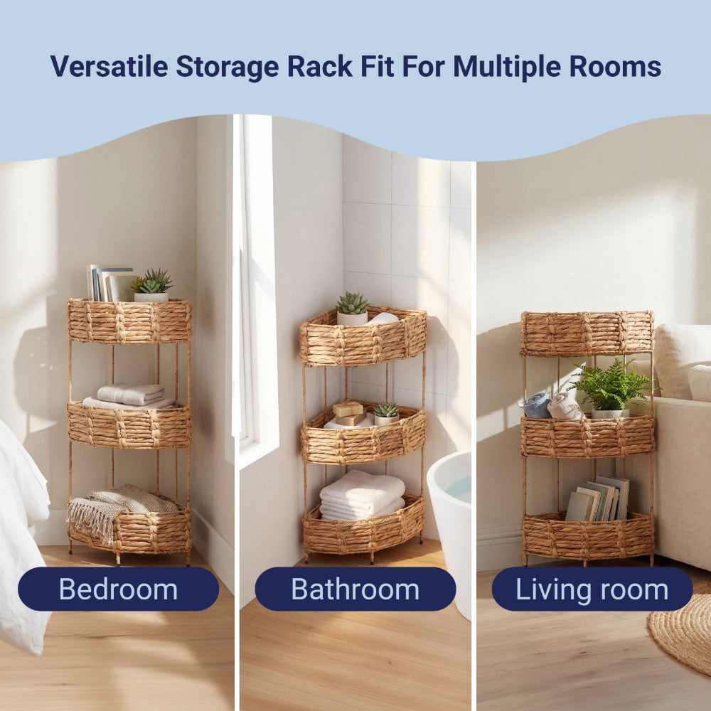 Cirel 32.5 in. H Coastal Handwoven Water Hyacinth 3-Tier Corner Freestanding Storage Rack with Metal Frame