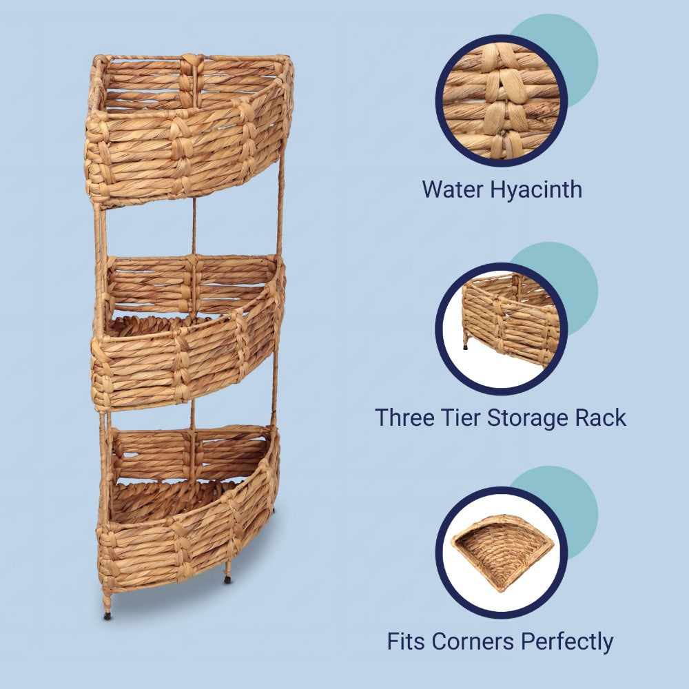 Cirel 32.5 in. H Coastal Handwoven Water Hyacinth 3-Tier Corner Freestanding Storage Rack with Metal Frame