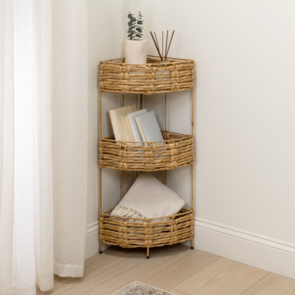 Cirel 32.5 in. H Coastal Handwoven Water Hyacinth 3-Tier Corner Freestanding Storage Rack with Metal Frame