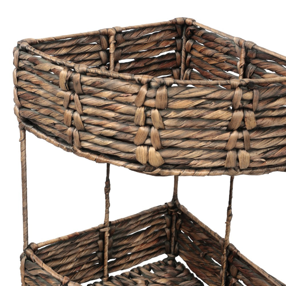 Cirel 32.5 in. H Coastal Handwoven Water Hyacinth 3-Tier Corner Freestanding Storage Rack with Metal Frame