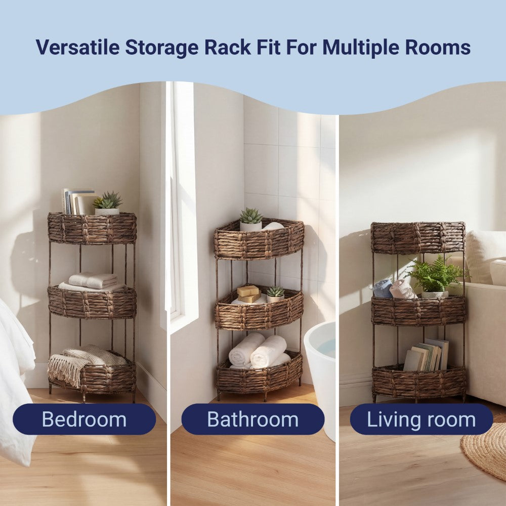 Cirel 32.5 in. H Coastal Handwoven Water Hyacinth 3-Tier Corner Freestanding Storage Rack with Metal Frame