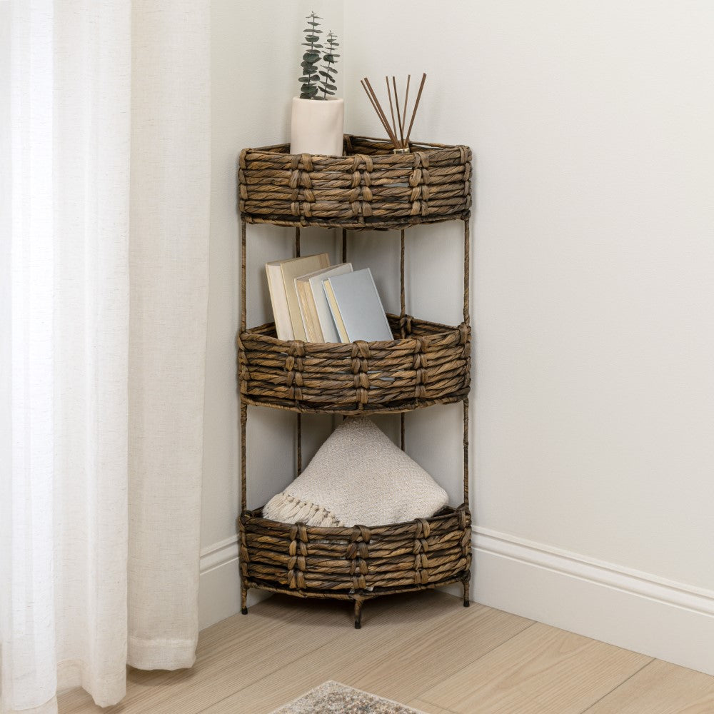 Cirel 32.5 in. H Coastal Handwoven Water Hyacinth 3-Tier Corner Freestanding Storage Rack with Metal Frame