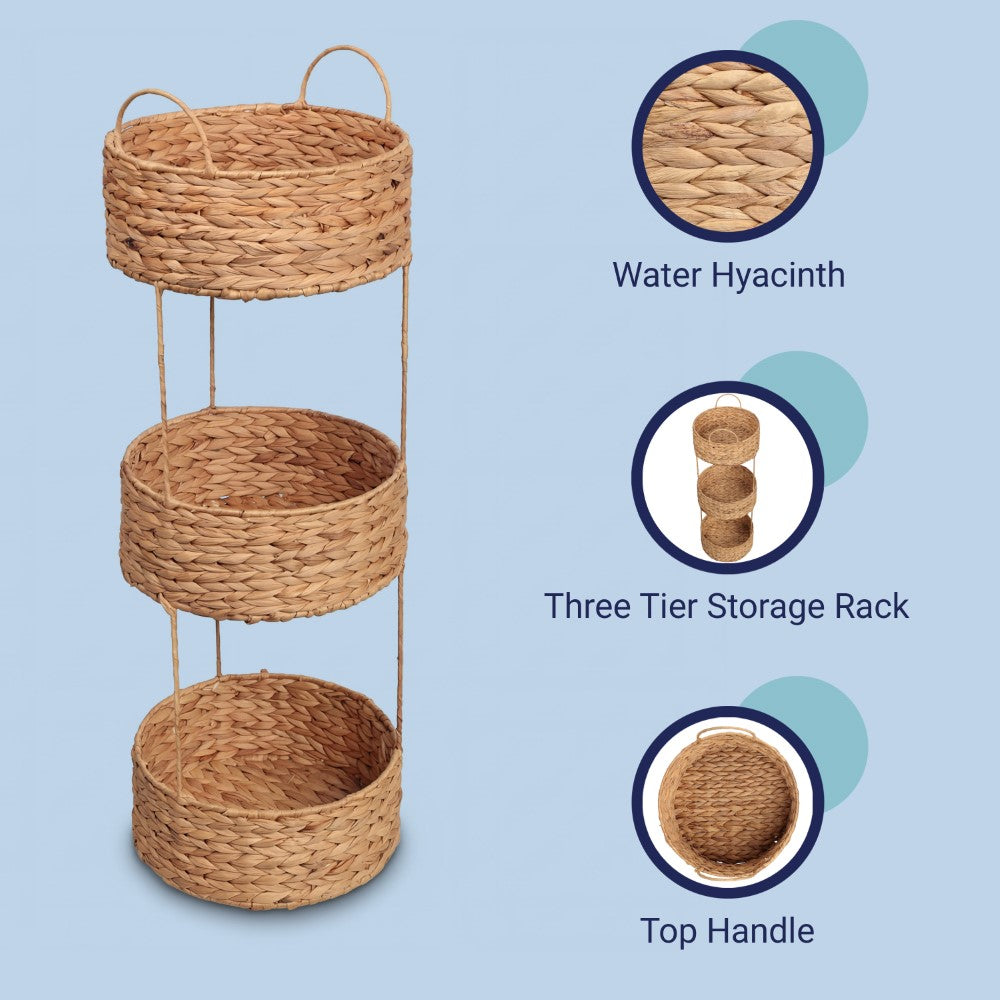 Lorven 35.5 in. H Coastal Handwoven Water Hyacinth 3-Tier Round Freestanding Storage Rack with Metal Frame and Handles