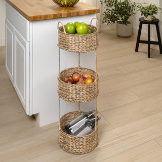 Lorven 35.5 in. H Coastal Handwoven Water Hyacinth 3-Tier Round Freestanding Storage Rack with Metal Frame and Handles
