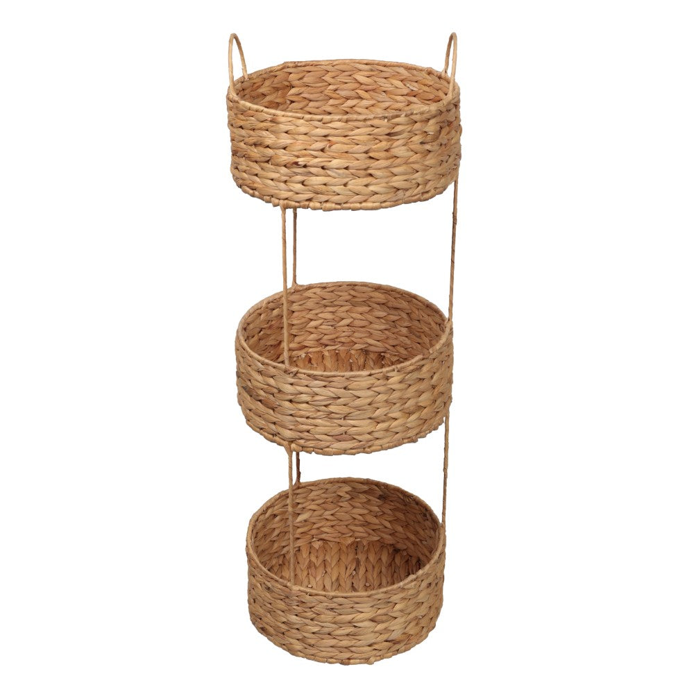 Lorven 35.5 in. H Coastal Handwoven Water Hyacinth 3-Tier Round Freestanding Storage Rack with Metal Frame and Handles