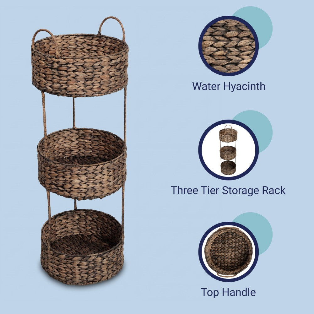 Lorven 35.5 in. H Coastal Handwoven Water Hyacinth 3-Tier Round Freestanding Storage Rack with Metal Frame and Handles