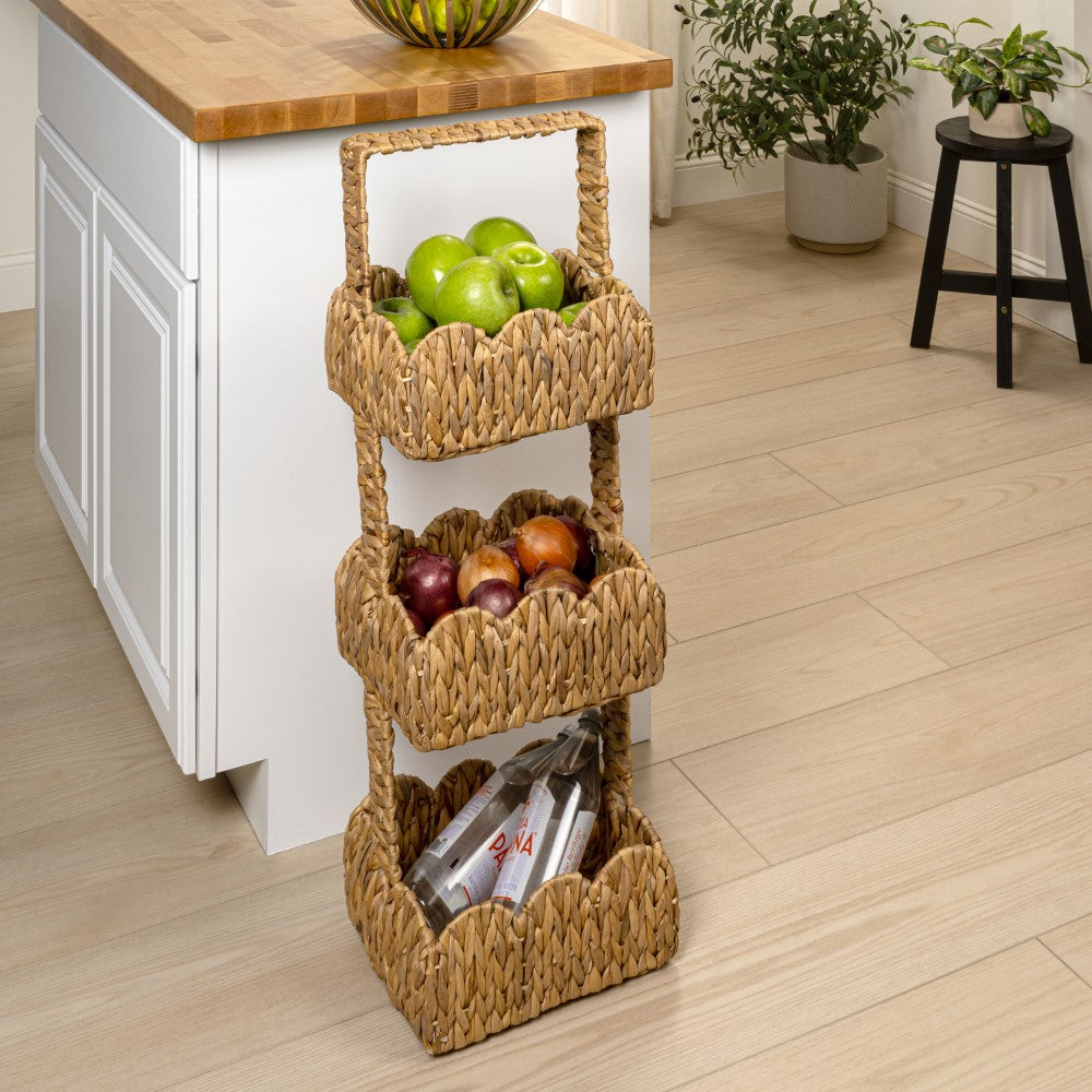 Vireon 35.5 in. H Coastal Handwoven Water Hyacinth 3-Tier Scalloped Basket Freestanding Storage Tower Stand with Top Handle