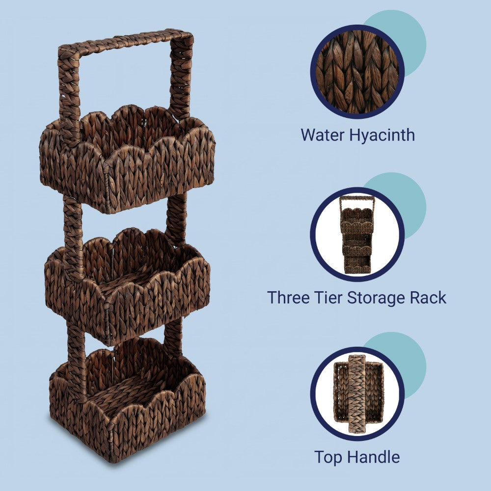 Vireon 35.5 in. H Coastal Handwoven Water Hyacinth 3-Tier Scalloped Basket Freestanding Storage Tower Stand with Top Handle