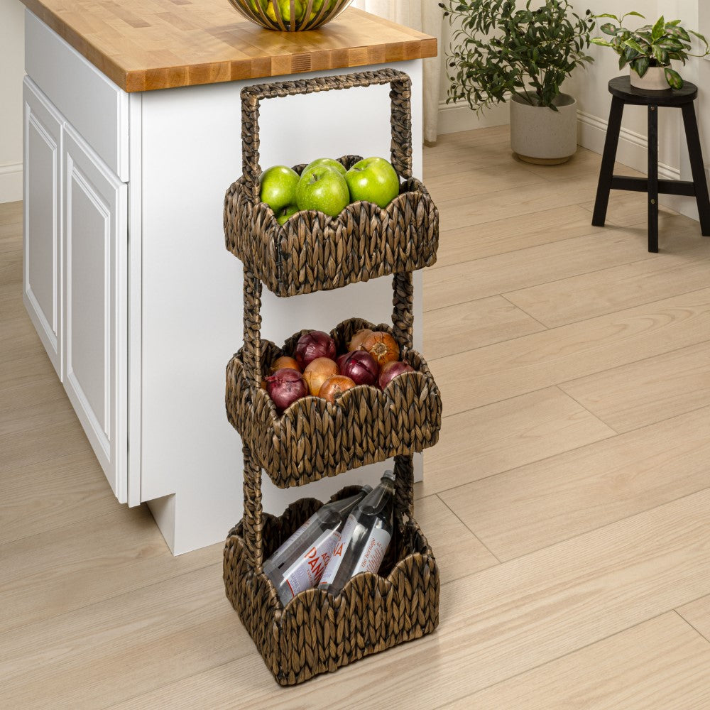 Vireon 35.5 in. H Coastal Handwoven Water Hyacinth 3-Tier Scalloped Basket Freestanding Storage Tower Stand with Top Handle