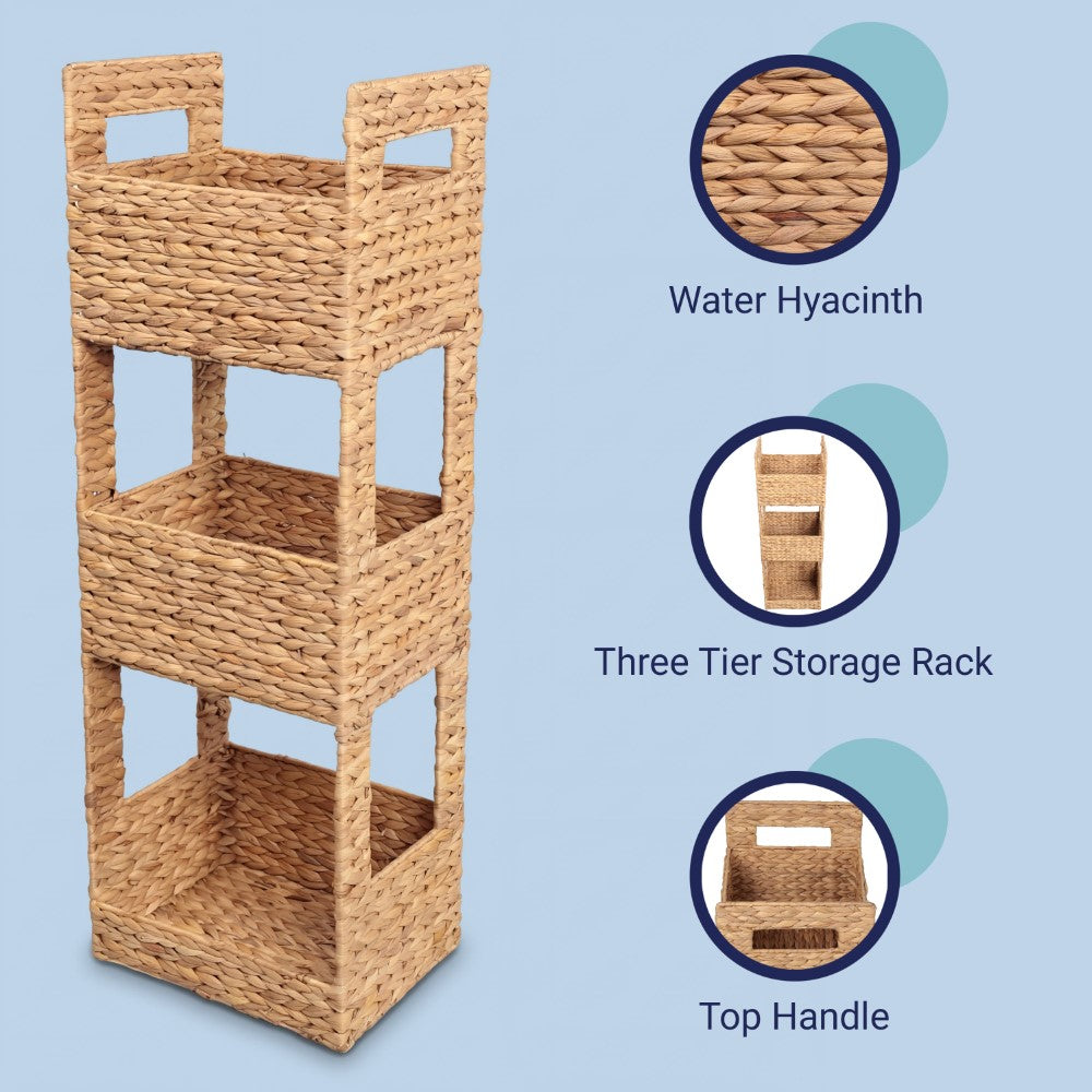 Olvara 35.5 in. H Coastal Handwoven Water Hyacinth 3-Tier Freestanding Storage Tower with Metal Frame and Handles