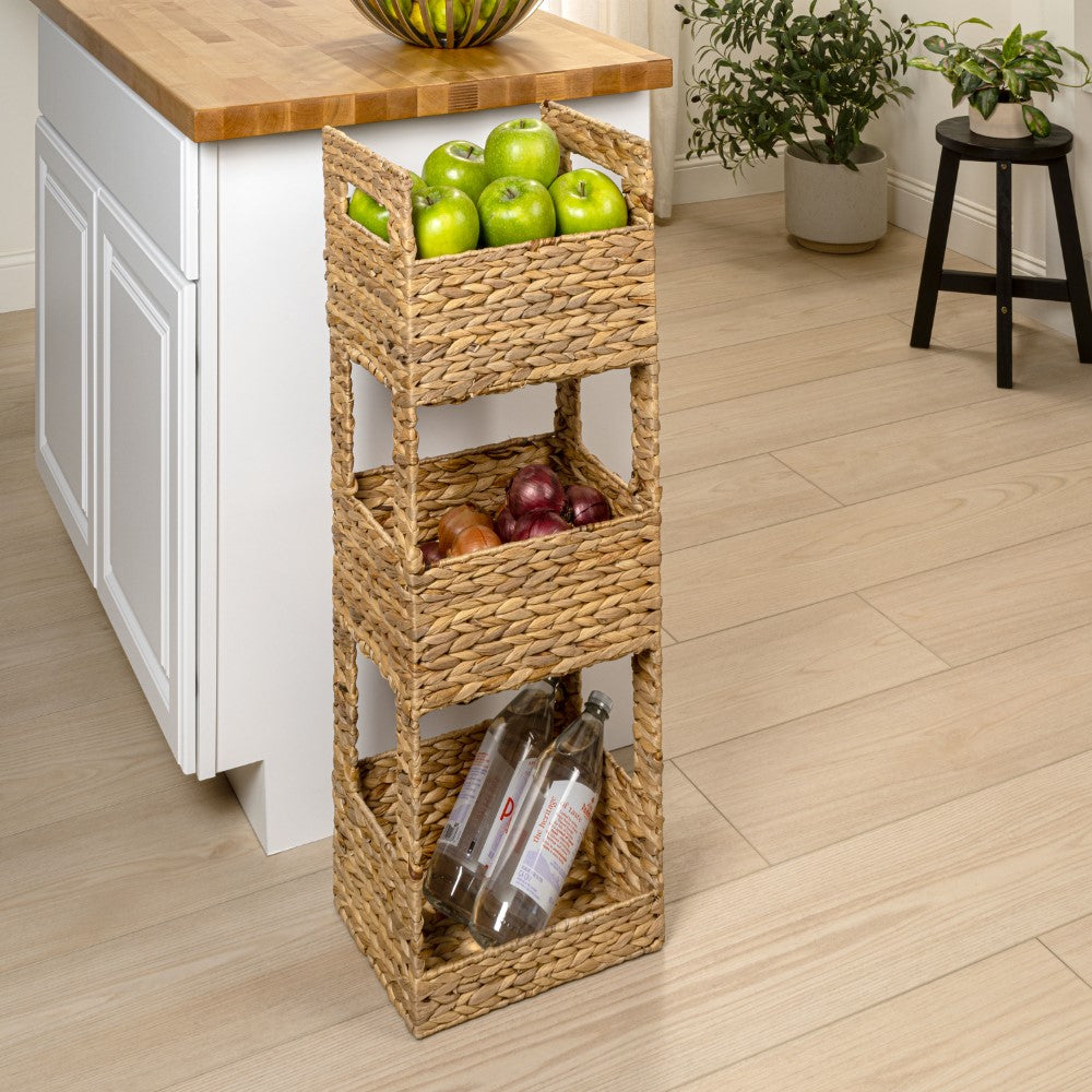 Olvara 35.5 in. H Coastal Handwoven Water Hyacinth 3-Tier Freestanding Storage Tower with Metal Frame and Handles
