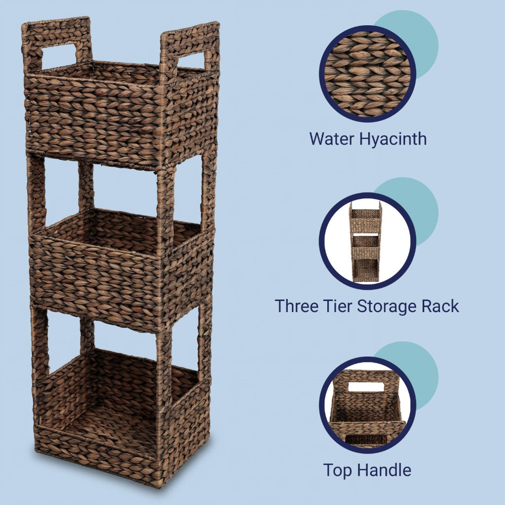 Olvara 35.5 in. H Coastal Handwoven Water Hyacinth 3-Tier Freestanding Storage Tower with Metal Frame and Handles